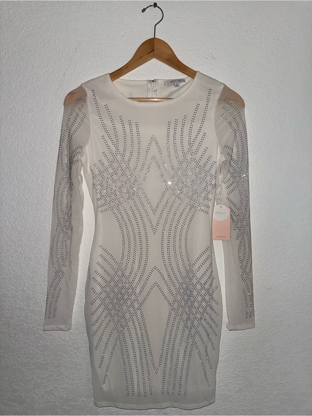 Embellished Sheer White Long-Sleeve Bodycon Dress
